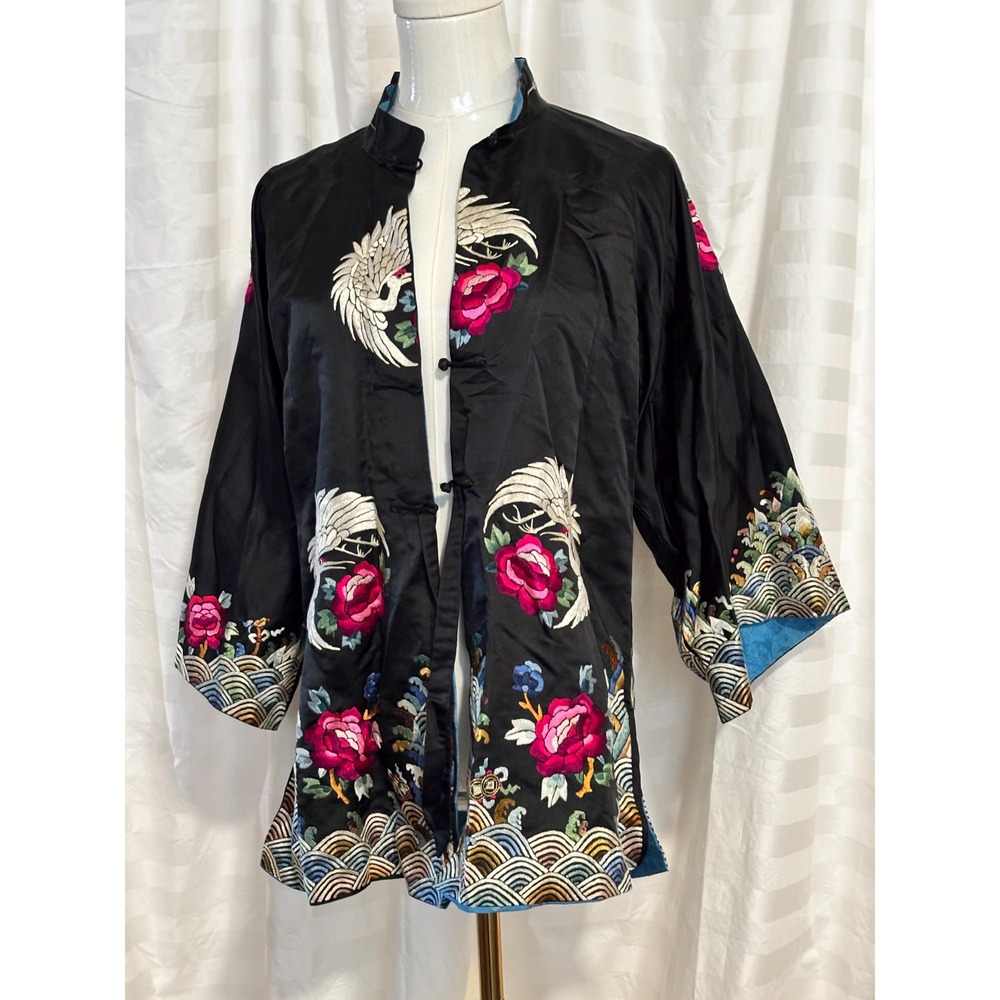 Embroidered Asian Crane Jacket Robe Vibrant Vintage Floral Nature Motif OS